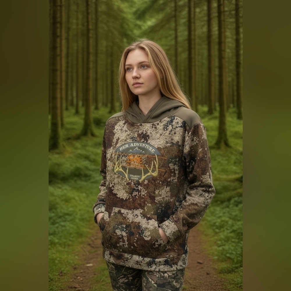 she outdoor apparel Women's Size Large Camo Fleece Hoodie Woods Thermal Hunting